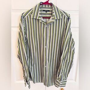 Medium RW&Co Button down Shirt. Olive Green with light and dark grey stripe